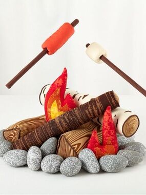 Crate & Barrel Plush Campfire Play Set Stuffed Log Roast Marshmallow Toy
